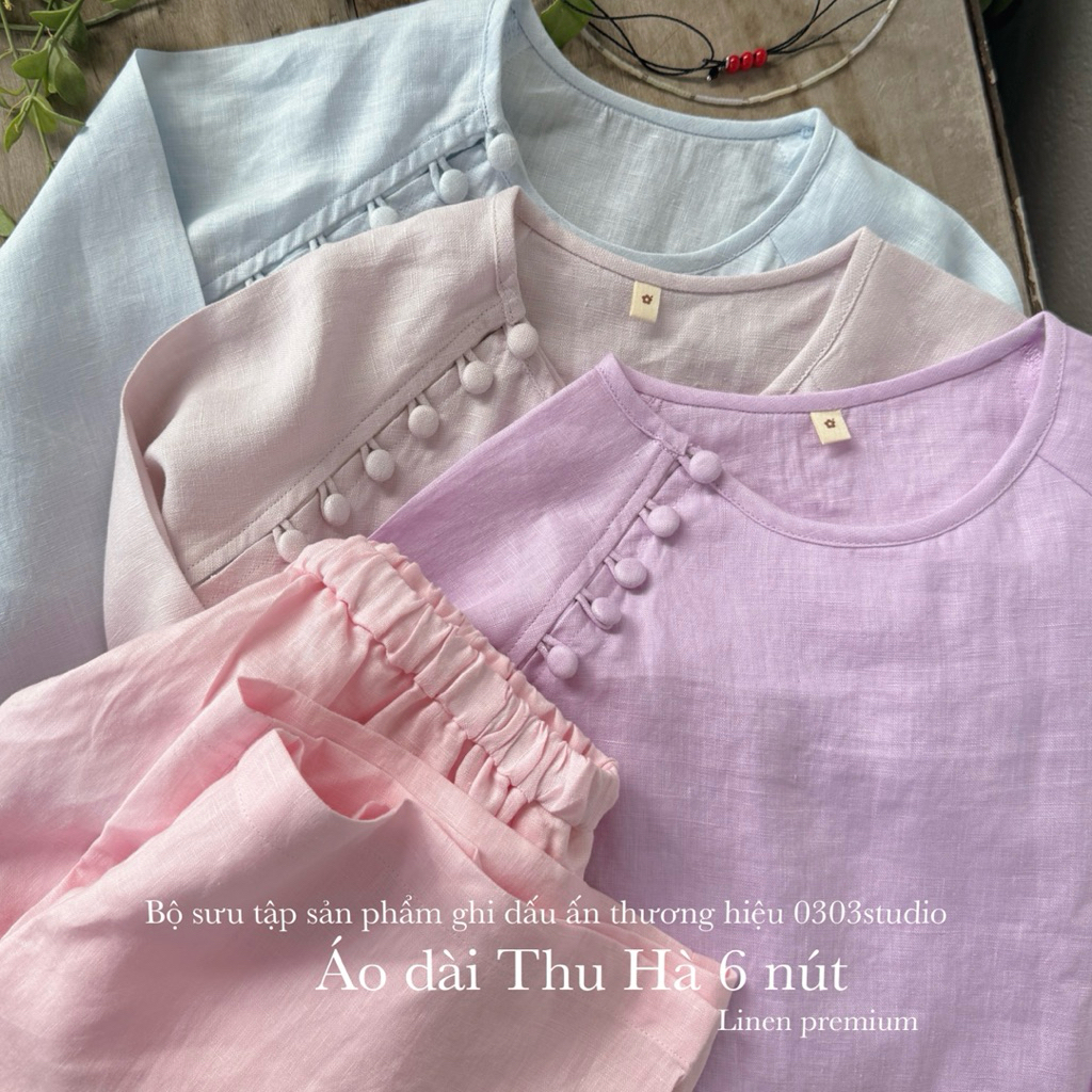 | 0303 studio | áo dài linen cổ tròn dáng rộng - Dòng Thu Hà