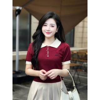  Áo len nữ cộc tay cổ đưc thêu chữ miu form gọn người kiểu dáng Hàn Quốc trẻ trung đễ phối đồ Eva Lover 