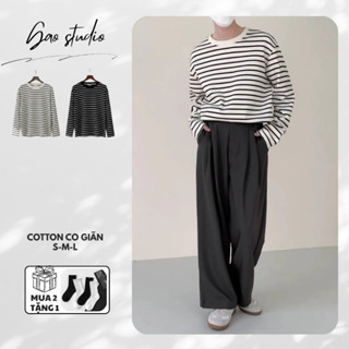  Áo thun nam kẻ sọc ngang dài tay áo dài tay nam nữ phối kẻ sọc ngang form rộng Basic chất liệu cotton mềm mỏng co giãn 