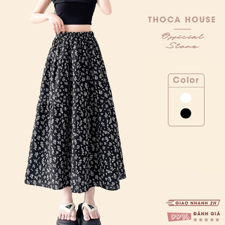  Chân váy dáng dài xoè hoa nhí lưng thun THOCA HOUSE chân váy midi vải đũi có lót freesize 
