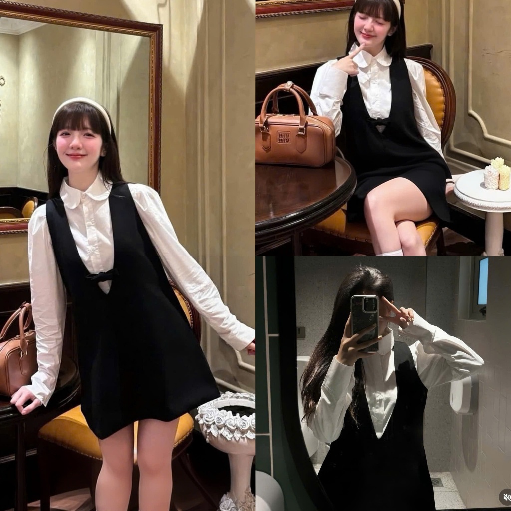 (Hàng Shop) Set Yếm Váy Nhung Phối Sơ Mi Cổ Sen Tiểu Thư From Chữ A Tiểu Thư Cực Xinh _ Ảnh Thật Lol