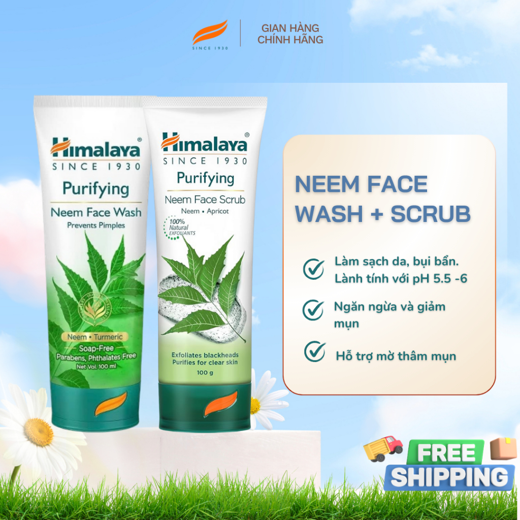 Combo làm sạch da, giảm mụn mờ thâm Himalaya Neem Face Wash 100ml + Neem Scrub 100ml