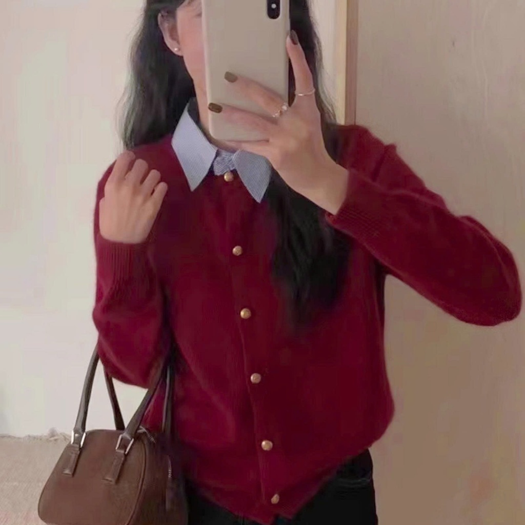 Áo Tăm Lông Thỏ Phối Cổ Sơ Mi Jennie, Áo Dài Tay Đính Cúc F14