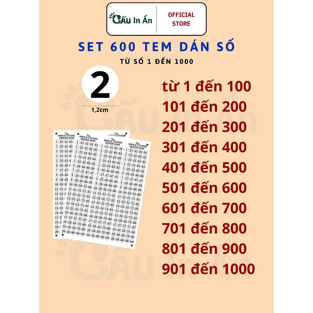 Set 600 tem dán size số từ 1 đến 100,- đến 1000 - Gấu In Ấn - 1,2cm ( 12mm )