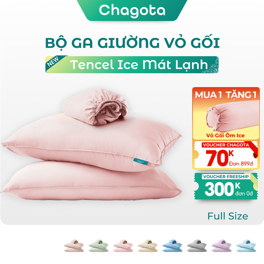 Bộ ga gối 3 món Lụa Silk Ice size 1mx2m Đến 2mx2m2 mát lạnh Chagota Bedding 2 vỏ gối 1 ga giường bo 