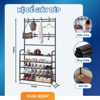 Kệ Giày Dép Đa Năng 4,5 Tầng, Kết Hợp Móc Treo Tiện Lợi, Khung Thép Chống Gỉ, Dễ Lắp Ráp