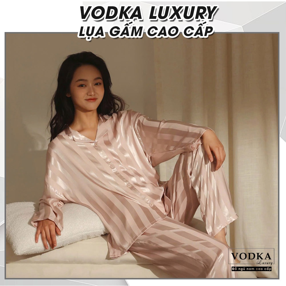 Đồ ngủ thời trang nữ pyjama dài tay chất liệu lụa gấm cao cấp trơn sọc hồng WTS20 - Vodka Luxury
