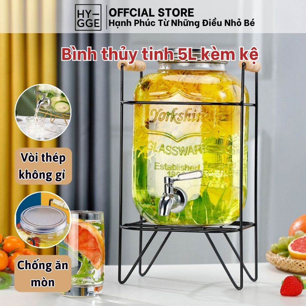 Bình 5L Thủy Tinh Cao Cấp Có Vòi Kèm Kệ Kim Loại Đựng Trà Trái Cây, Nước Detox Dễ Vệ Sinh Tiện Lợi