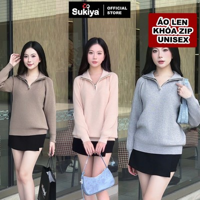 Áo Len Nữ Unisex Cổ Cao SUKIYA Kéo Khóa Zip Form Rộng Hàn Quốc Chất Dày Dặn  AL114