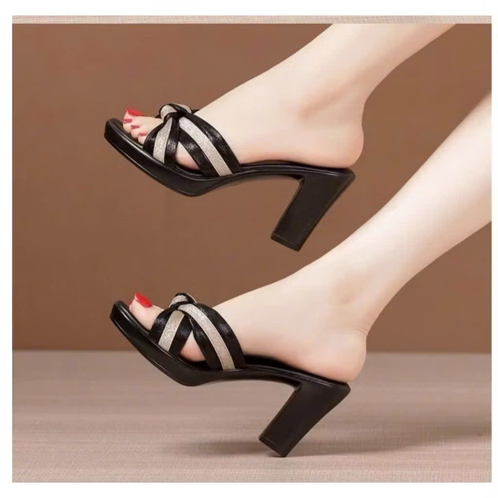 Dép Cao Gót Quai Chéo Sọc Ánh Nhũ T58
