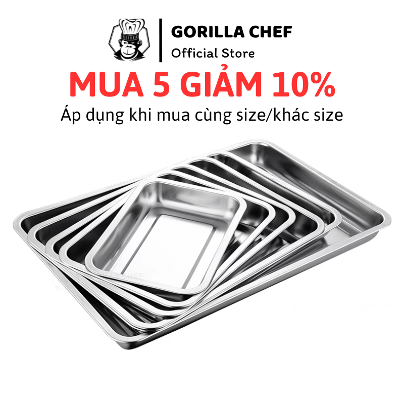 Khay inox đựng thức ăn sâu 2cm, 4.8cm Gorilla Chef mâm cơm, khay nướng bánh, khay nhà bếp bằng inox