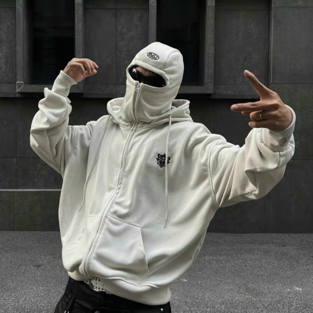 Áo khoác hoodie Zip NINJA Balaclava Trùm Đầu Logo Thêu Siêu Ấm-Áo hoodie Ninja Form Rộng Đông 2025