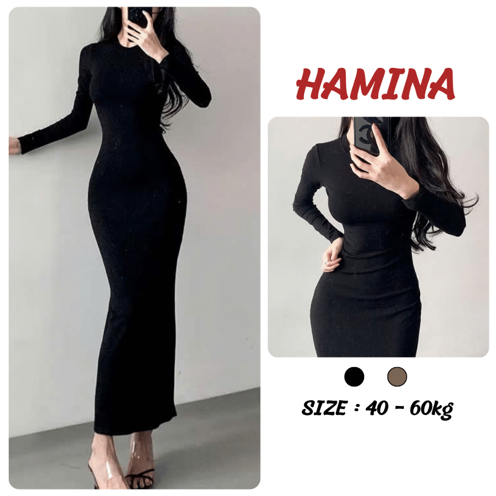 Váy Body Dáng Dài Chất Len Lông Thỏ Cao Cấp Hamina Dày Dặn Co Giãn Tốt , Đần Tay Dài Thu Đông Ôm Bod