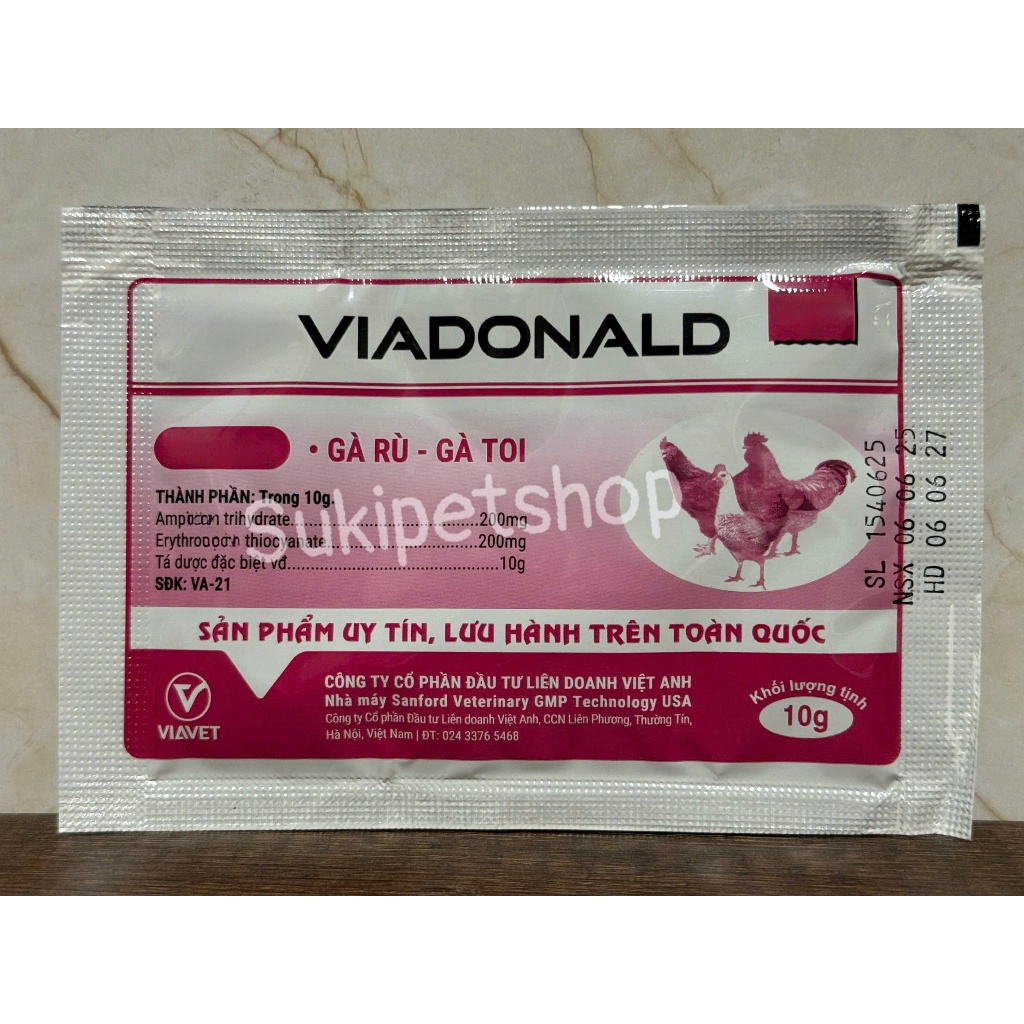 VIADONALD - 10g - BỘT UỐNG HỖ TRỢ GIẢM CÁC VẤN ĐỀ VỀ TIÊU HÓA, GÀ RÙ, GÀ TOI, SÃ CÁNH CHO GIA CẦM