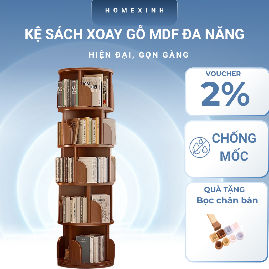 Kệ sách xoay 360 độ gỗ MDF 5 tầng , giá đựng sách thông minh kiểu dáng, kệ 5 tầng đựng sách