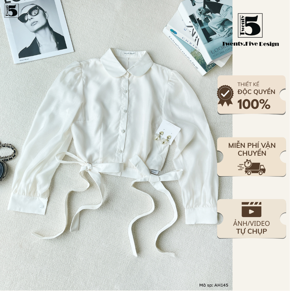 Áo Sơ Mi Dài Tay Cổ Đức Đính Cúc Đá Thắt Nơ Eo Màu Kem – Twentyfive Design AH145