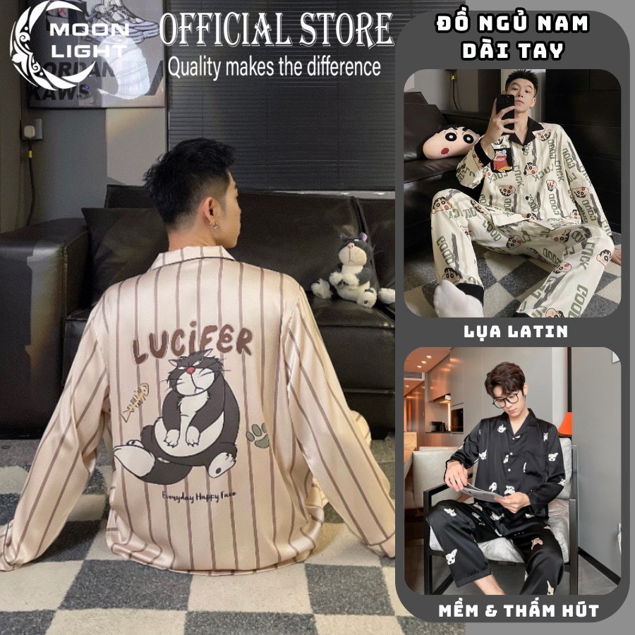 Bộ đồ ngủ nam tay dài Đồ ngủ nam Bộ Pijama vải lụa Latin in hoạt hình thời trang mùa thu đông