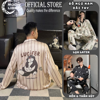 Bộ đồ ngủ nam tay dài Đồ ngủ nam Bộ Pijama vải lụa Latin in hoạt hình thời trang mùa thu đông