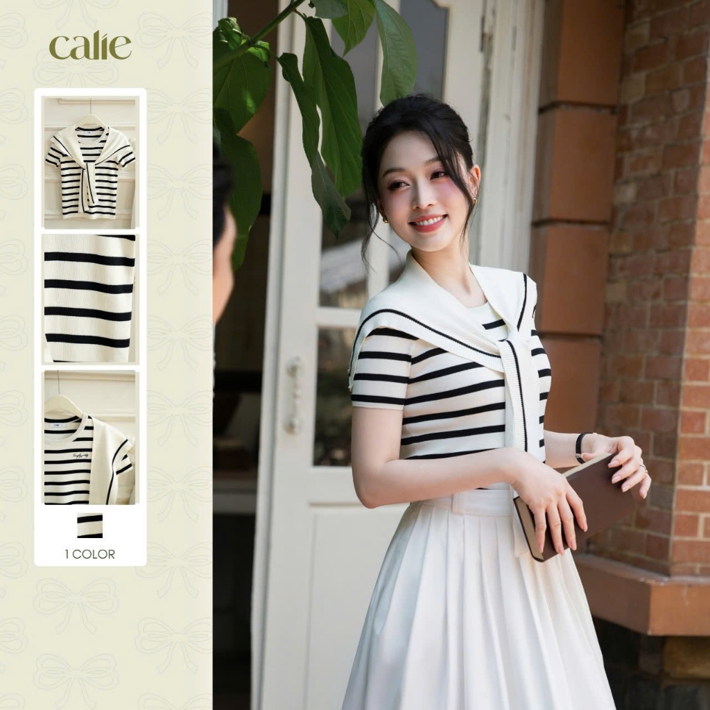 (Blue to Bloom) Áo dệt kim kẻ kèm khăn thêu logo, chất liệu cao cấp, mềm mát thời trang thiết kế Calie AF167 - CX065 | BigBuy360 - bigbuy360.vn