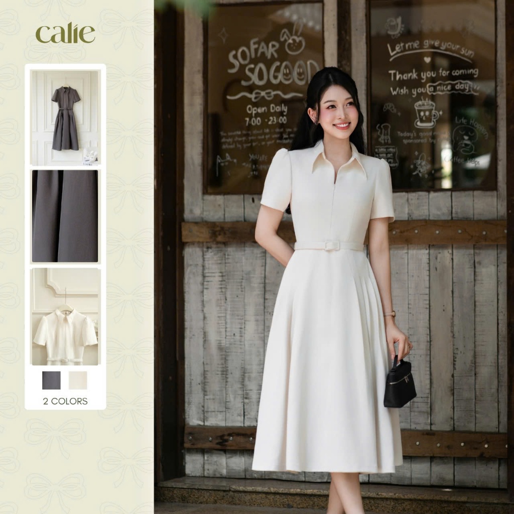 (Blue to Bloom) Váy nữ dáng xòe chất chéo hàn cổ lượn xếp ly chân váy đai eo, kiểu dáng thanh lịch C