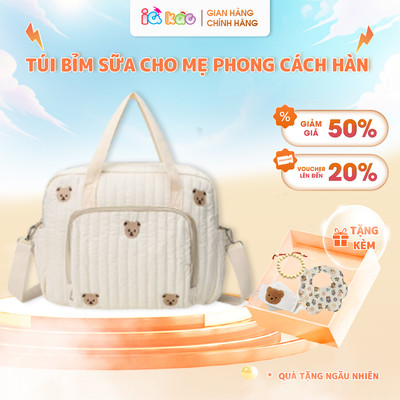 Túi bỉm sữa cho mẹ và bé vải Muslin cao cấp - Thêu tay Hàn Quốc hình gấu xinh xắn IQ KAO