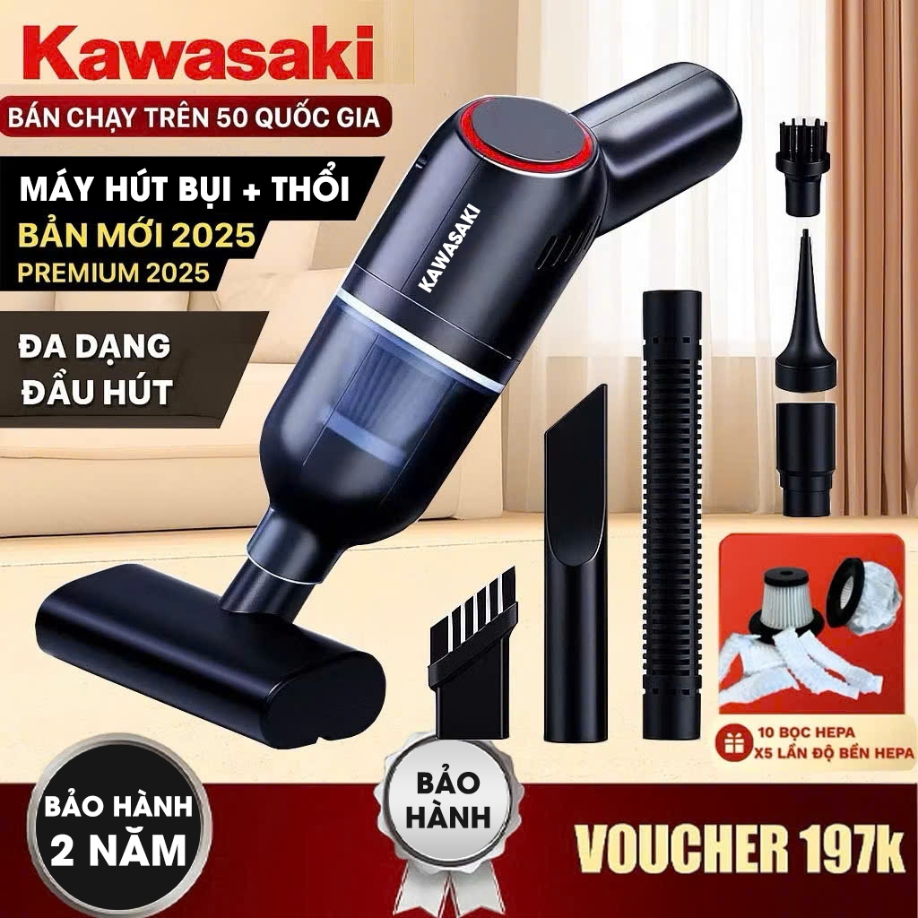 ( Bản Nâng Cấp 2025 )Máy hút bụi cầm tay mini PVL - KAWASAKI không dây, Lực hút 25.000Pa, Công suất 120w, Bảo hành 2 Năm