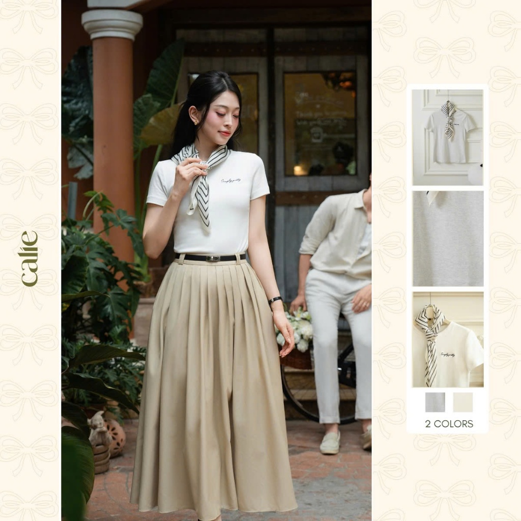 (Blue to Bloom) Áo cotton cổ tròn kèm khăn thêu logo, Chân váy chất kaki dáng xòe kèm belt Calie Af169, Cx065