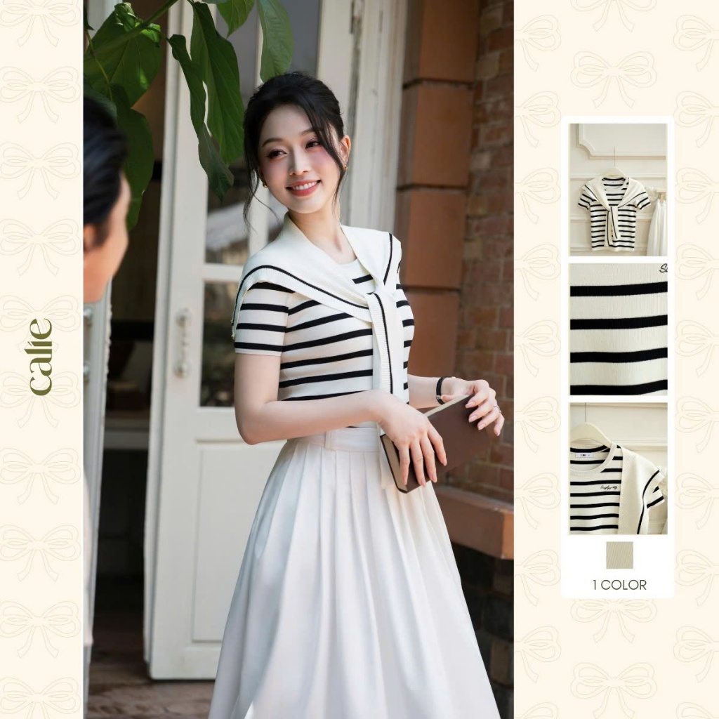 (Blue to Bloom) Áo dệt kim kẻ kèm khăn thêu logo, chất liệu cao cấp mềm phù hợp mùa hè thời trang nữ Calie AF167, CX065