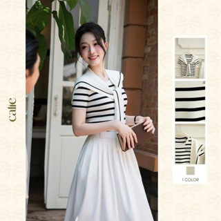   Blue to Bloom  Áo dệt kim kẻ kèm khăn thêu logo chất liệu cao cấp mềm phù hợp mùa hè thời trang nữ Calie AF167 CX065 