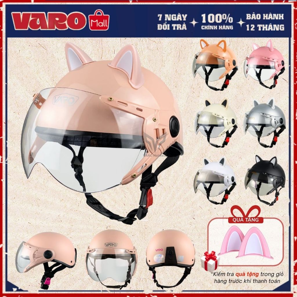 [Tặng Tai Mèo]Nón Bảo Hiểm 1/2 Đầu Kính Càng VARO A33K - Mũ Bảo Hiểm Nửa Đầu Có Kính Cao Cấp Đã Xử Lý