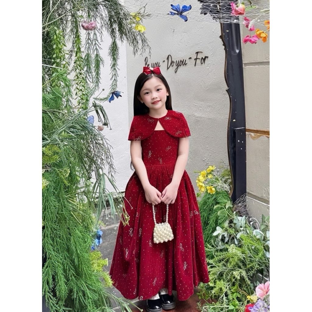 Váy công chúa bé gái, Set váy nhung đính đá nơ kèm áo choàng đón Noel và tết có nơ lưng váy xoè to 9