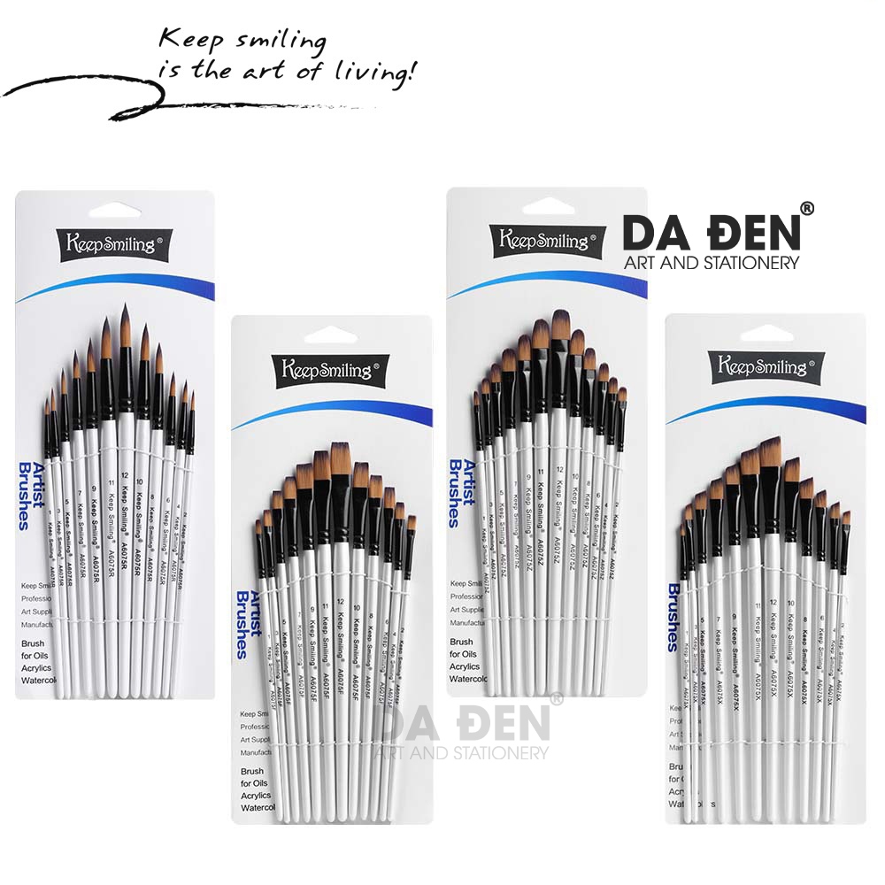 [DA ĐEN] Bộ 12 Cọ Vẽ (A6075) Keep Smiling Thân Trắng