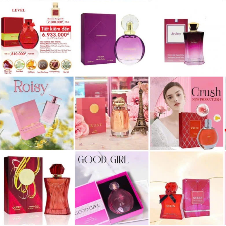 Nước Hoa Nữ (Scandal, Trust, Good Girl, Queen, So Sexy, Vip, Universal, Kiss, Crush, Very Sexy...) -