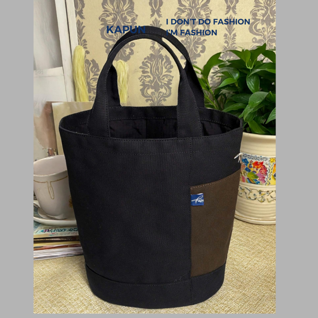 Túi Tote Vải Canvas Dày Dặn Đáy Tròn Phối Màu Nâu Đen Có Túi Ngoài Khóa Bấm Form Đứng Đi Làm Đi Chơi Thời Trang Kapun