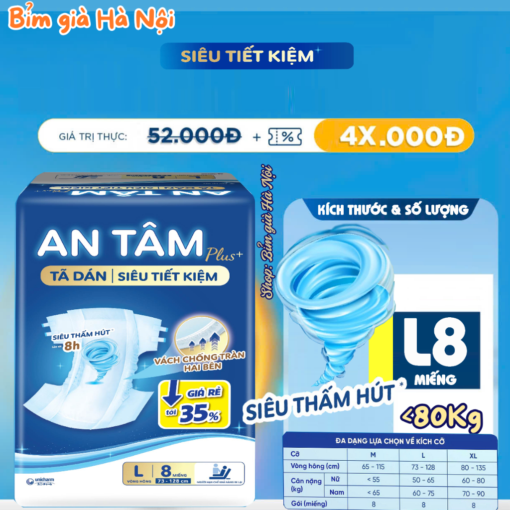 Tã già An Tâm (Bỉm dán) M8 L8 XL8 ML10 XL10 L10 siêu thấm chống tràn #antam #an tâm #caryn #phú đạt #merzy #bim dán
