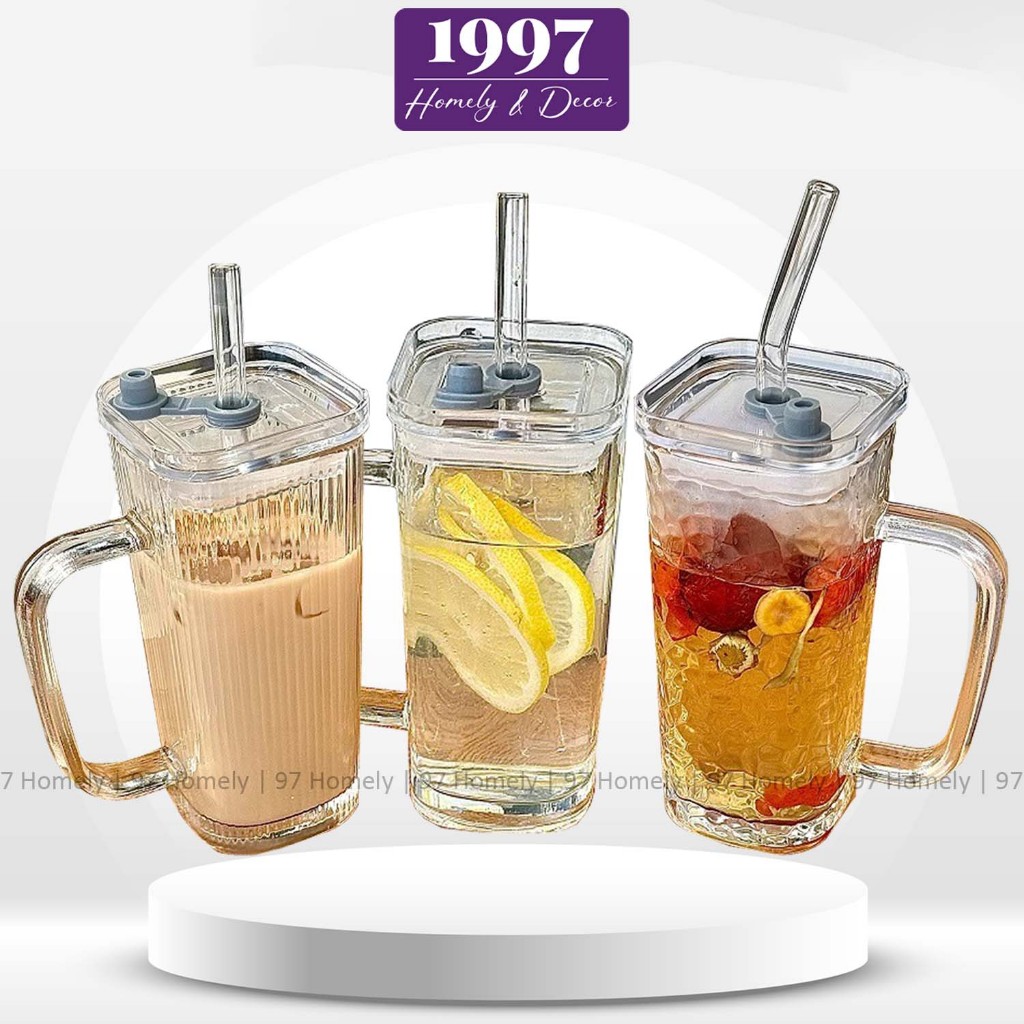 Cốc Nước Thủy Tinh Vuông Có Nắp Tặng Kèm Ống Hút 97Homely Chất Liệu Borosilicate An Toàn DT251001101