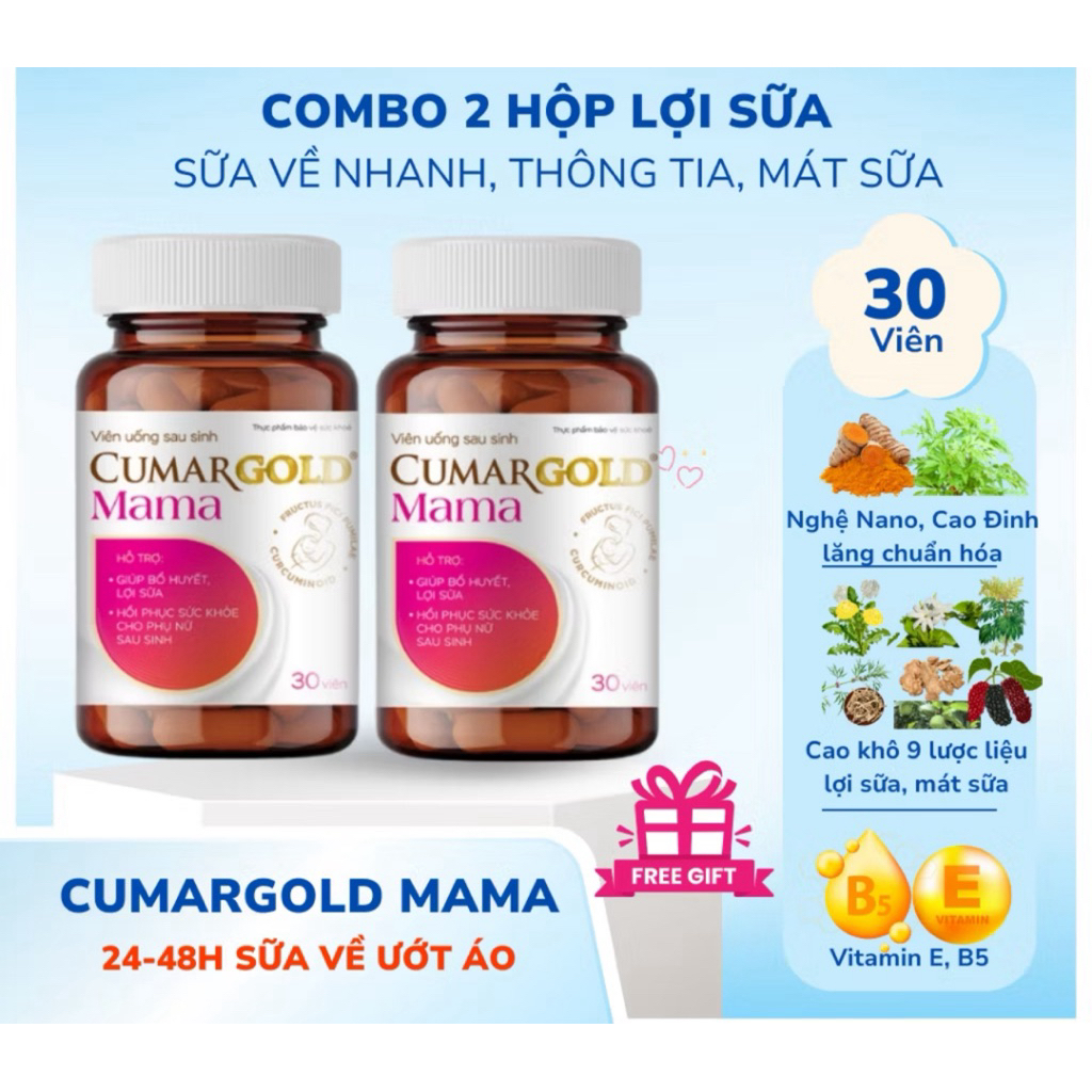 [Combo 2 hộp] Viên uống lợi sữa CUMARGOLD MAMA (Hộp 30 viên nang mềm) - Uống tới đâu sữa về ồ ạt tới