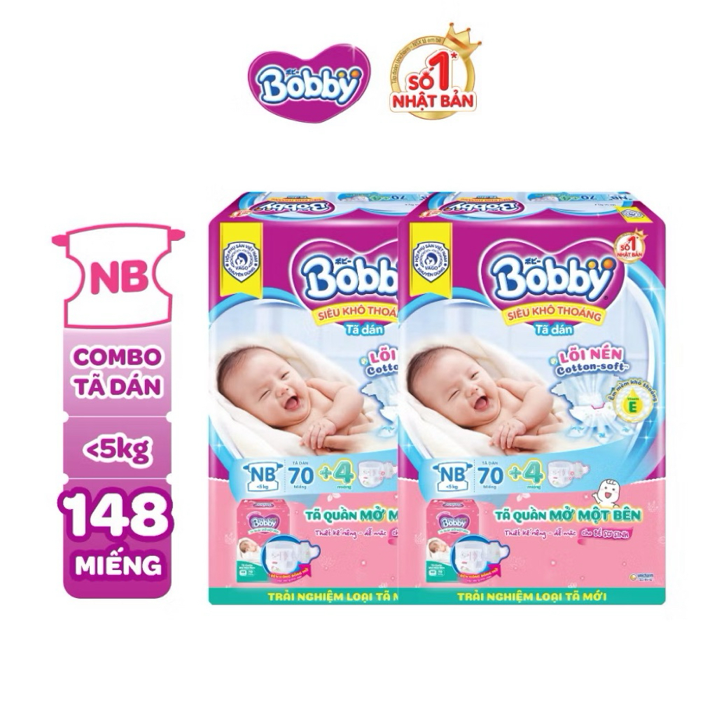 TÃ DÁN BOBBY ÊM MỀM KHÔ THOÁNG NB 70(mẫu mới của tã SX70)