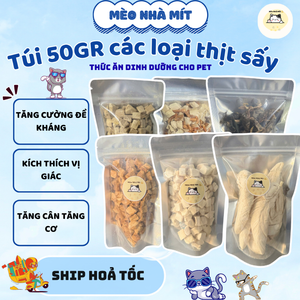 [50gram] Gà viên sấy khô, cá hồi sấy khô, gan sấy khô, trứng sấy khô, cá sấy khô, gà viên mix gan ch