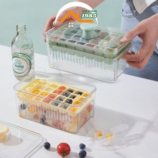 Hộp khay làm đá thông minh nhấn nút lấy đá dễ dàng, Khay đá 2 tầng tiện lợi thông minh