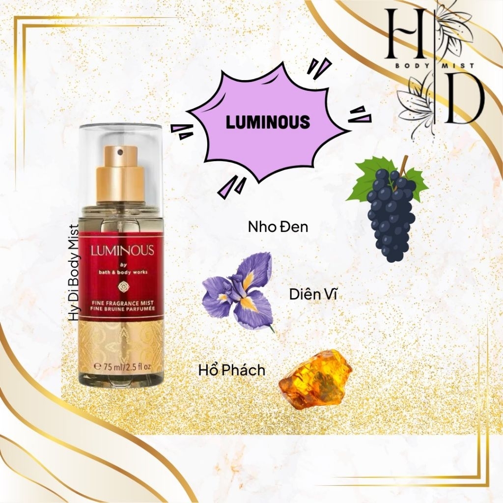 TRAVEL SIZE 75ML FULL SEAL CHÍNH HÃNG LUMINOUS XỊT THƠM BODY MIST BATH & BODY WORKS USA