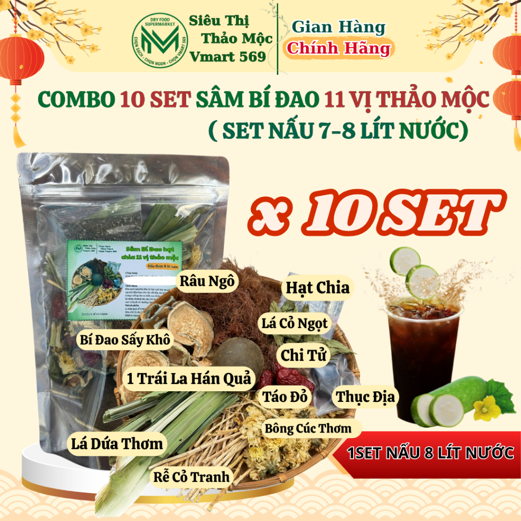 Combo 10 set trà bí đao bông cúc 11 vị thảo mộc nấu 8 lít nước thanh nhiệt ngủ ngon