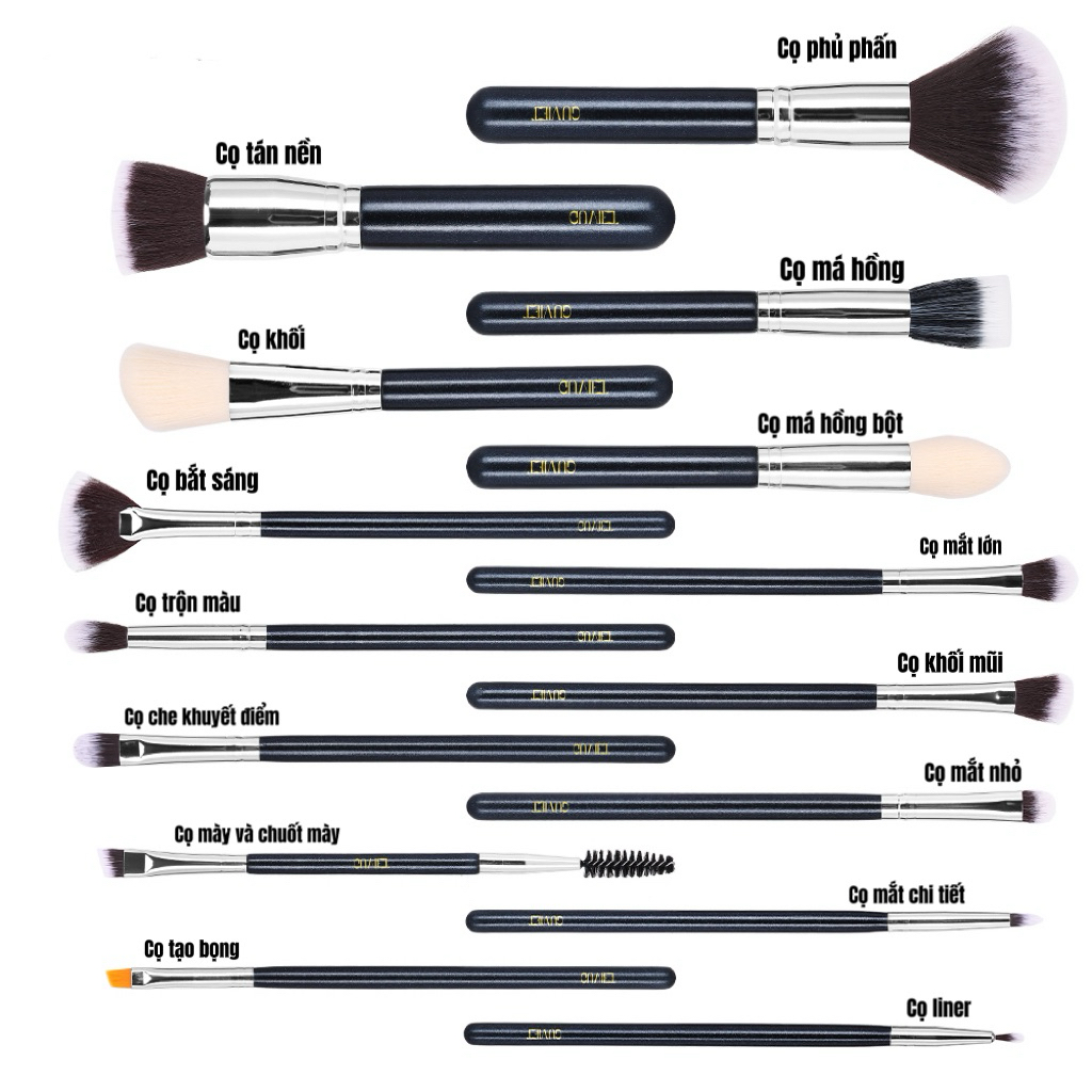 Bộ cọ trang điểm cá nhân GUVIET màu đen gồm 15 cọ kèm theo ống cắm tiện lợi | BigBuy360 - bigbuy360.vn