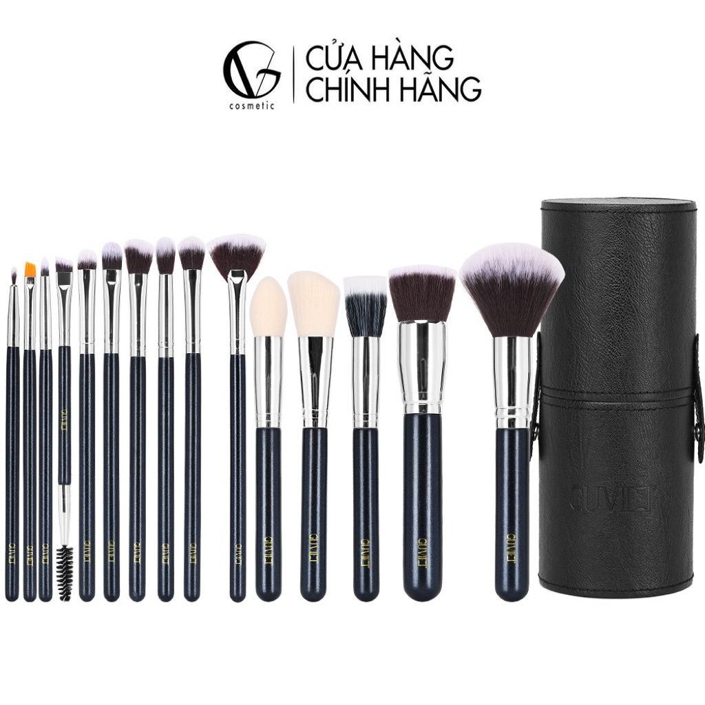 Bộ cọ trang điểm cá nhân GUVIET màu đen gồm 15 cọ kèm theo ống cắm tiện lợi | BigBuy360 - bigbuy360.vn