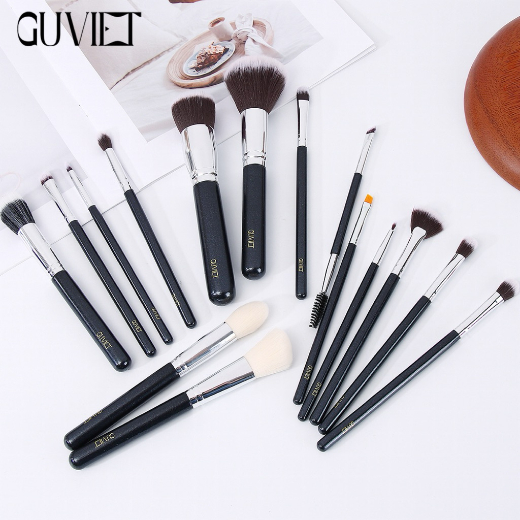 Bộ cọ trang điểm cá nhân GUVIET màu đen gồm 15 cọ kèm theo ống cắm tiện lợi | BigBuy360 - bigbuy360.vn