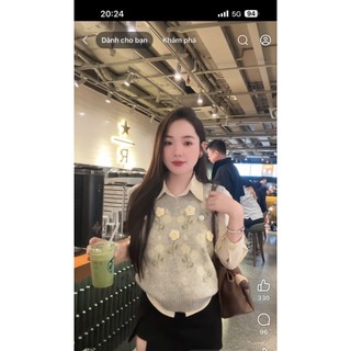 (HÀNG QC) Áo len gile hoa phối sơ mi gile + sơ mi