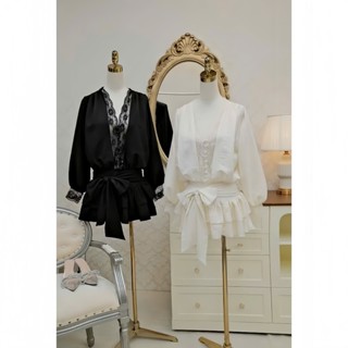  MIMI CLOTHING-Bộ đồ voan đen trắng phối nơ to eo 
