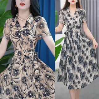  Đầm trung niên cho mẹ cổ sơ mi sang trọng SANA FASHION công sở chất lụa Pháp họa tiết 3D HT11 