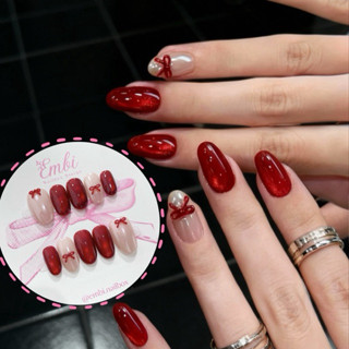  Nail Box ngắn mắt mèo đỏ ánh trăng nude tráng gương charm nơ đỏ Hàn Quốc Nữ Embi.nailbox E042 