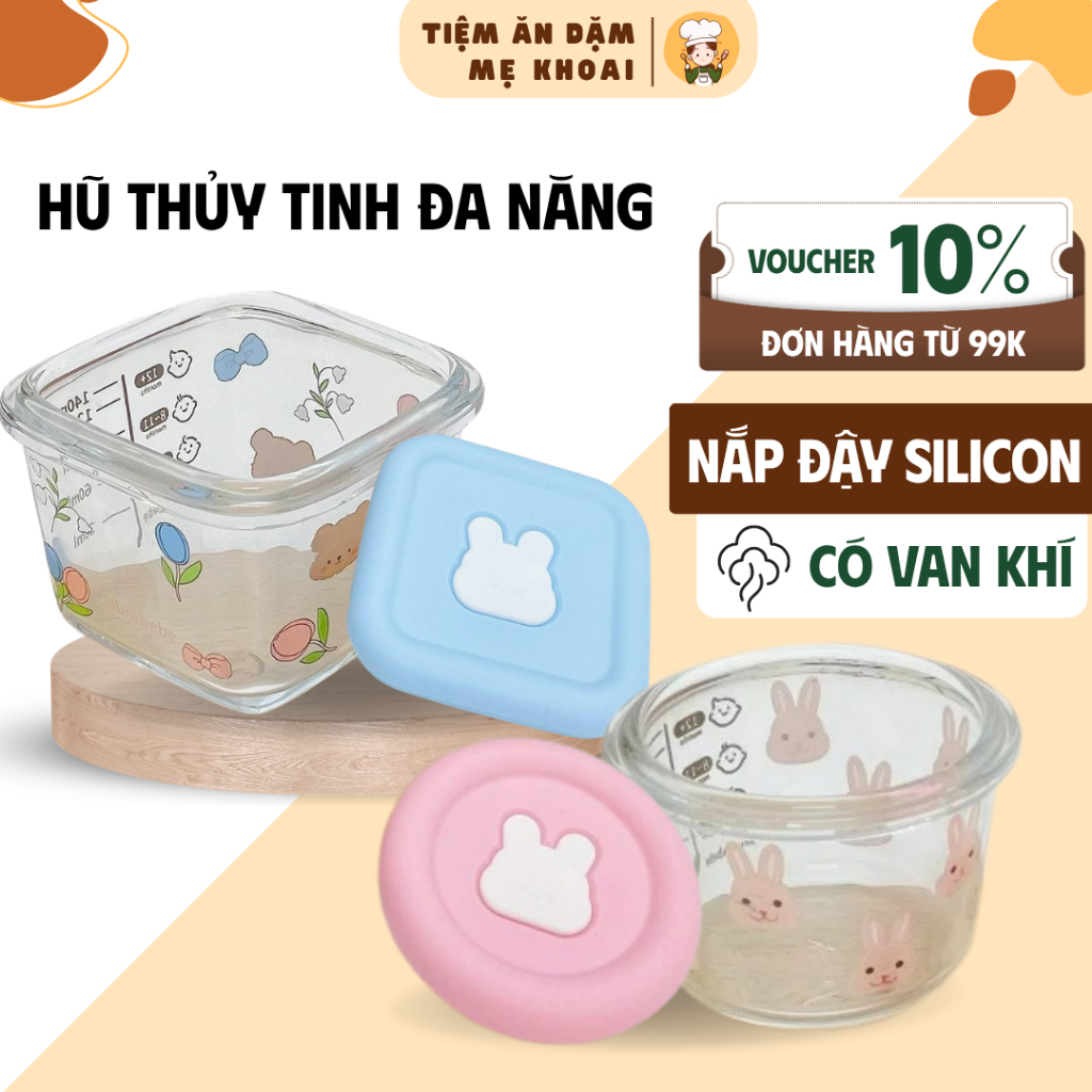 Hũ trữ đông thủy tinh Mumbebe, trữ đông đồ ăn cho bé , in hình họa tiết, có van thoát khí, vạch chia